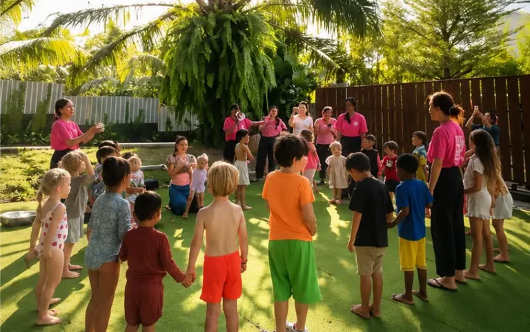 Children joining a fun outdoor group activity with teachers in a tropical playground setting
